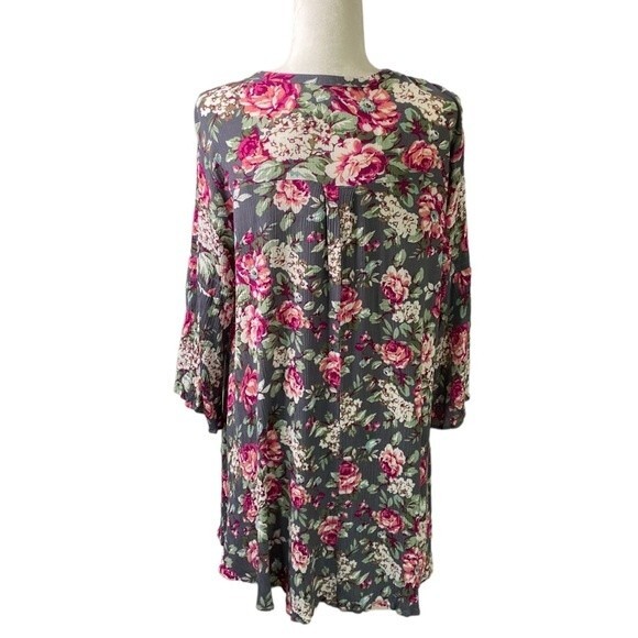 Umgee Floral Key Hole 3/4 Bell Sleeve Flowy Mini Swing Dress Trapeze Cut Guaze - Picture 4 of 16